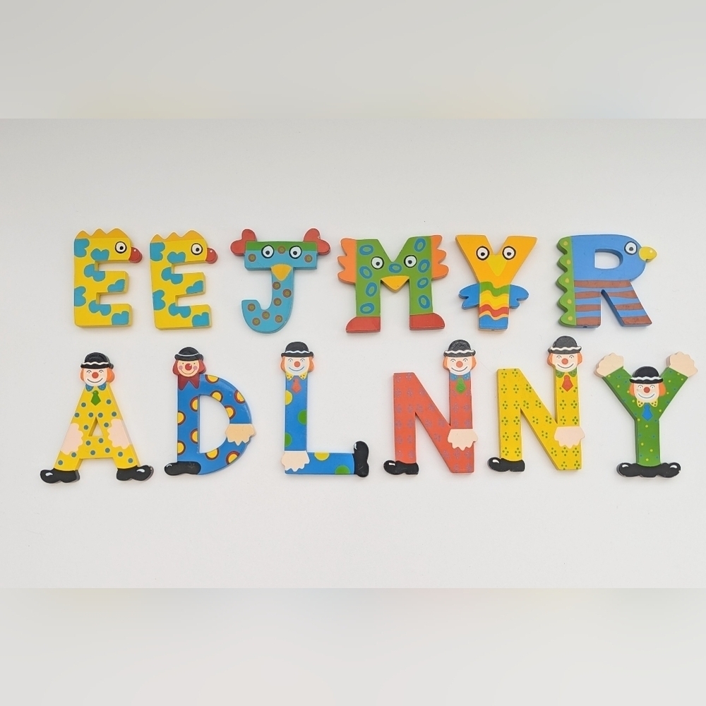 Bright Colorful Whimsical Fun Unisex Clown & Animal Wooden Alphabet Letters
